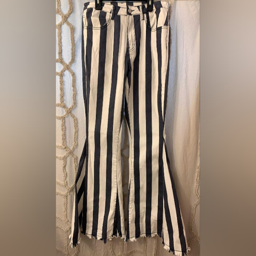 Judith March Blue And White Striped Flare Pants Size L - Picture 2 of 10